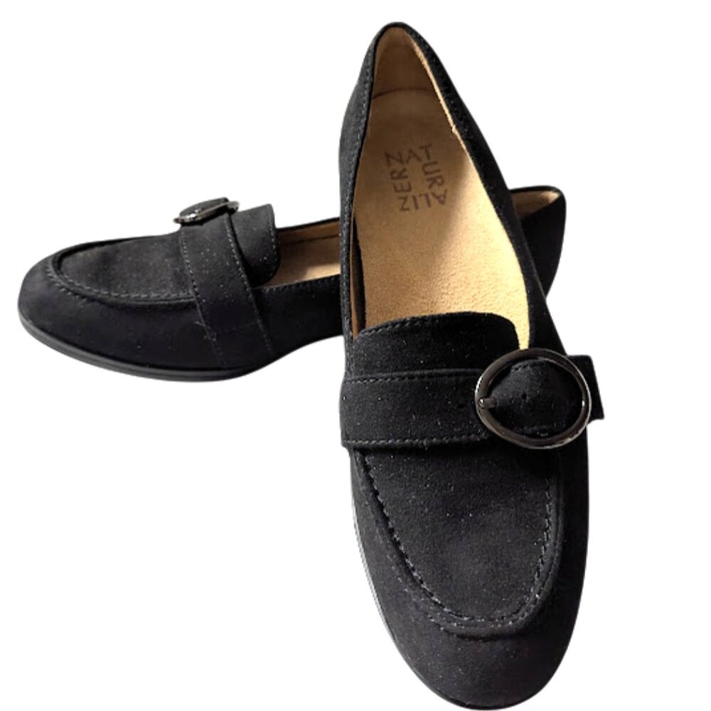 Naturalizer Mina Black Vegan Fabric Faux Suede Buckle Flat Loafers Size 6 NWOB
